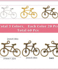 Bike Charms Bulk Set 60 Pieces In Gold Silver Bronze for jewelry making, showing size and colors in alloy material