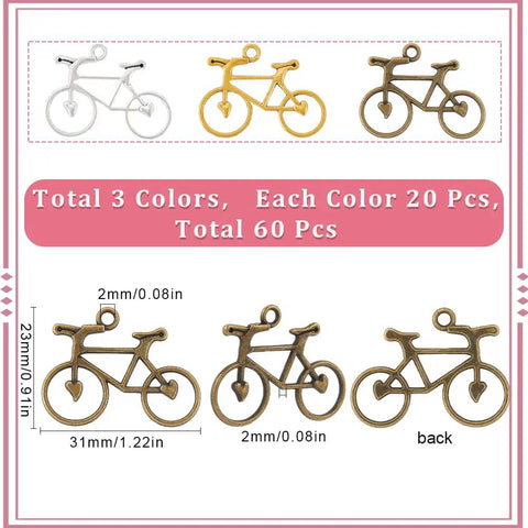 Bike Charms Bulk Set 60 Pieces In Gold Silver Bronze for jewelry making, showing size and colors in alloy material