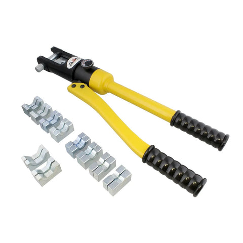 Hydraulic Crimp Tool 16 Ton With 11 Dies For Battery Cable Crimping Quick Change Die System shown with 11 metal dies