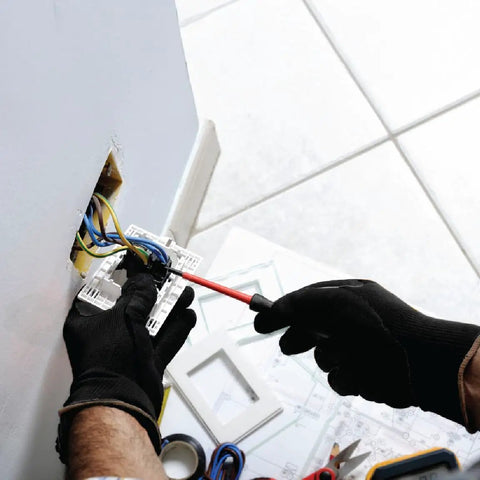 Person wearing Ultra Thin Polyurethane Palm Coated Seamless Work Glove With 13-Gauge Polyester Shell, wiring an outlet.