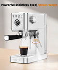 No Hassle One Touch Espresso Maker For Latte Americano Iced Coffee Silver Chassis Pro Grade Pump Auto Milk Frother with steam wand.