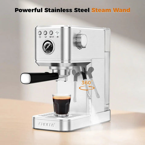 No Hassle One Touch Espresso Maker For Latte Americano Iced Coffee Silver Chassis Pro Grade Pump Auto Milk Frother with steam wand.
