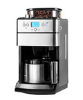 Fully Automatic Home Coffee Maker With Integrated Grinder And Guided Assisted Tamping, stainless steel design with coffee pot, countertop use.