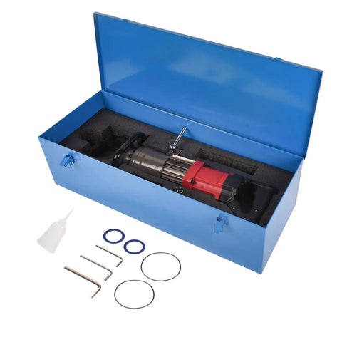 Heavy Duty 1500W Electric Hydraulic Rebar Bender For Steel Rods Up To 1 Inch #8 And 25mm in a metal storage box with accessories.
