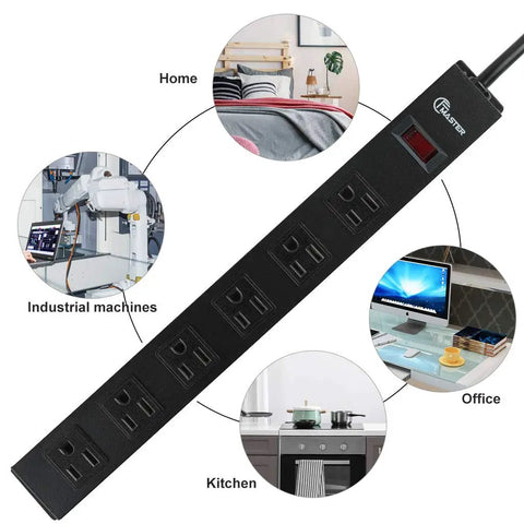 Beefy Aluminum Wall Mount Power Strip With Six Outlets And Long Ten Foot Cord, shown in home, office, kitchen, and industrial use