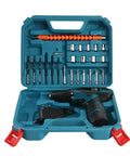 Heavy Duty 12V Rechargeable Drill Set Coupled With A Complete 25 Piece Electric Screwdriver Kit in a blue case with tools.