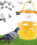 2L Water Dispenser Feeder With Handle For Pigeons Poultry Parrot Duck Chicken next to pigeon on grass, orange plastic
