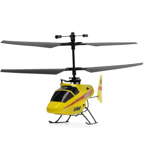 MCX Anniversary Edition RC Helicopter Ready To Fly Indoor Ultra Micro Flyer for bedrooms and living rooms, yellow body on white