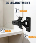 10 Pack Half Overlay Soft Close Cabinet Hinges showing 3D adjustment options Up-Down, In-Out, Left-Right for cabinets.