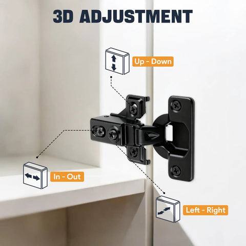 10 Pack Half Overlay Soft Close Cabinet Hinges showing 3D adjustment options Up-Down, In-Out, Left-Right for cabinets.