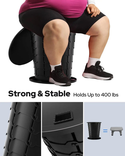 Heavy Duty Portable Folding Toilet For Camping And Travel, Ultra Portable 400 Lb Capacity, shown supporting weight