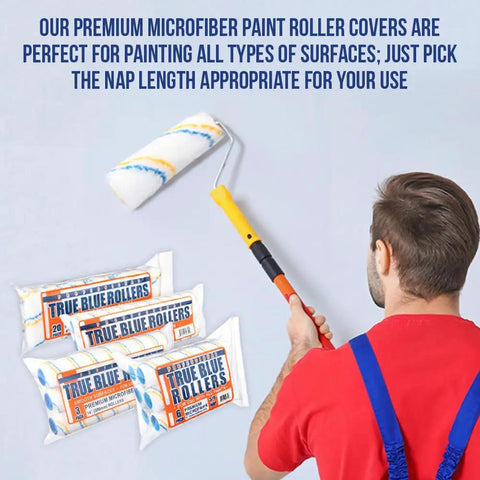 Person with 4 Inch Top Notch Microfiber Paint Roller Covers For All Surfaces, Pro Grade 3/8 Inch Nap, Bulk Refills Pack Of 200