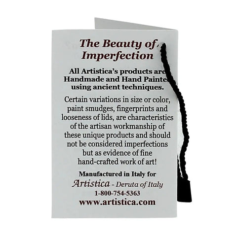 Tag explaining the beauty of handmade imperfections in Artistica's handcrafted Italian ceramic coffee storage canister.