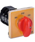 Three Phase Milling Machine Speed Control Switch with forward and reverse function, yellow metal and plastic, red handle.
