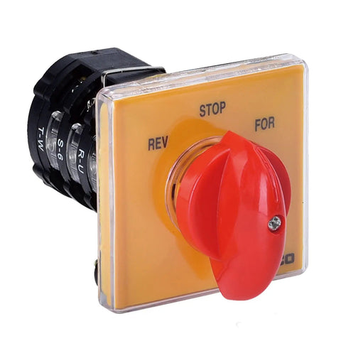 Three Phase Milling Machine Speed Control Switch with forward and reverse function, yellow metal and plastic, red handle.