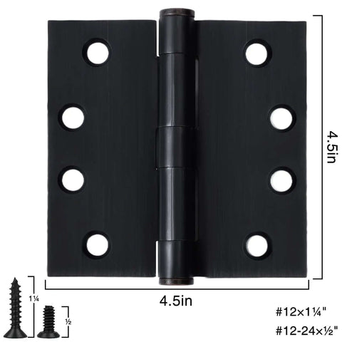 3 Pack Oil Rubbed Bronze 4.5 Inch Heavy Duty Commercial Door Hinges with screws, shown with size specifications