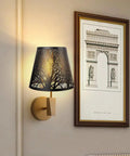Double Pack Clip On Lampshades For Candelabra Bulbs, Barrel Metal Lampshade With Tree Pattern In Black And Gold, Fits B10 Candelabra Bulbs