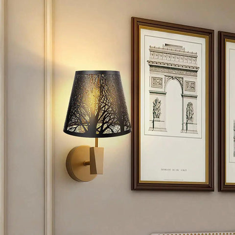 Double Pack Clip On Lampshades For Candelabra Bulbs, Barrel Metal Lampshade With Tree Pattern In Black And Gold, Fits B10 Candelabra Bulbs