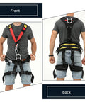 Full Body Climbing Harness CE Certified For Rock Climbing And Caving Adjustable Waist 75 To 120 Cm Leg 50 To 70 Cm Front and Back View