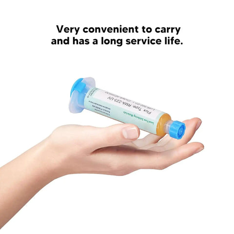 Hand holding Two Pack Pro Grade Solder Flux Soldering Paste for PCB BGA Repair with Tinning Syringe Tool Easy Flow Flux