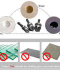 Usage guide for 3-Piece Countersink Chamfer Drill Bit Set With 5-Flute 90 Degree Bits, highlighting materials compatible and not compatible