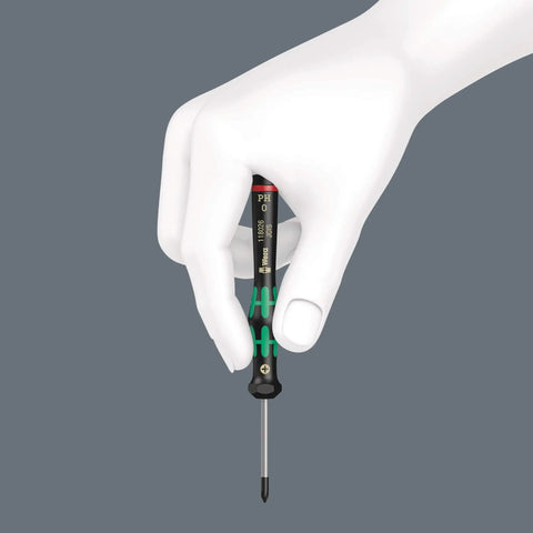 Hand holding a Kraftform Micro Ball End Hex Pro Grade Screwdriver from a 6-piece set for precision electronics work.
