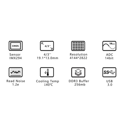 Technical specifications for ASI294MCPro Cooled Color Astronomy Camera With USB 3.0 11.3 MP CMOS Sensor For Deep Space Imaging Of Nebulae