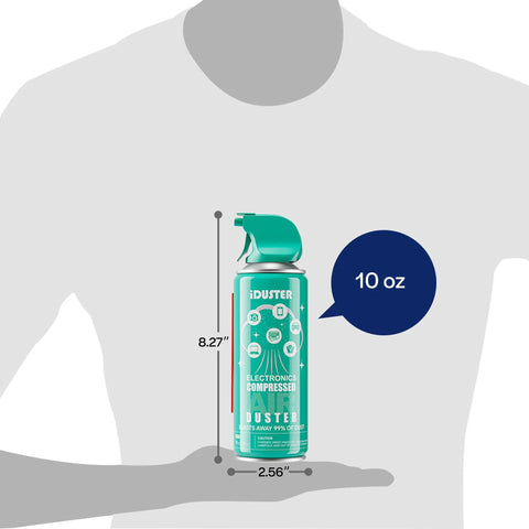 Keyboard Cleaner Air Spray For Computers And Electronics 10oz Can Duster displayed on a hand, showing size dimensions.