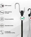 31 Inch Rubber Tarp Straps With 150 Percent Max Stretch 100 Percent EPDM Bungee Cords With Metal Crimped S Hooks features infographic