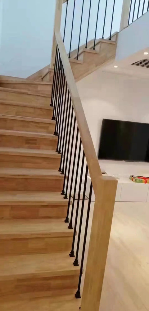 Flat Base Baluster Shoes For Half Inch Square Railings With Screws Satin Black Finish Set Of 30 on wooden stairs.