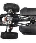 Underside view of beefed up front planetary gearbox transfer case drive shaft skid plate set for 1 to 10 RC rock crawler SCX10 II 90046 chassis.
