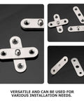 Eight Pack 360 Degree Hidden Door Pivot Hinges in stainless steel showing versatile installation options on a black background.