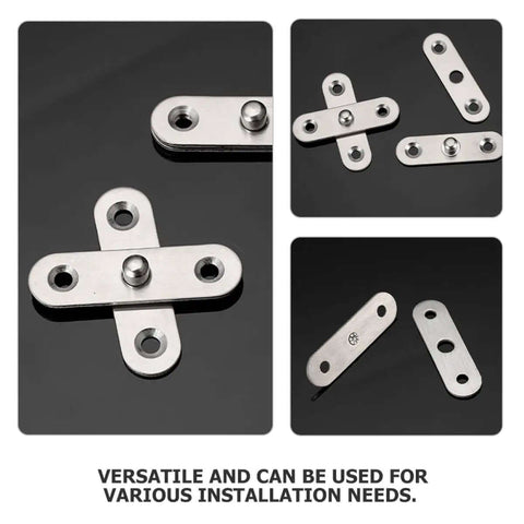 Eight Pack 360 Degree Hidden Door Pivot Hinges in stainless steel showing versatile installation options on a black background.