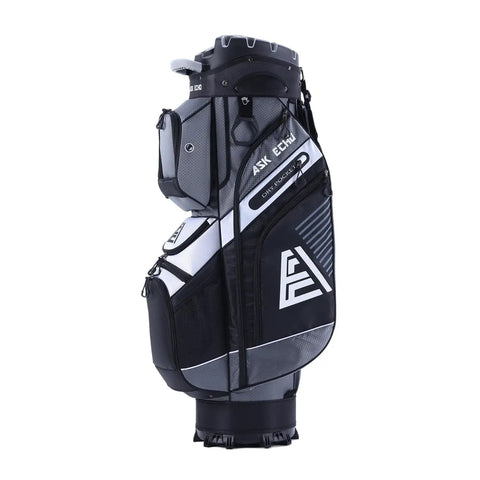 Side view of TLock Golf Cart Bag With 14 Way Top Organizer And Quiet Rattle Free Design Big Storage Pockets Rain Cover Durable Handles Grey Premium Cart Bag For Men