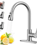 Top Shelf Kitchen Faucet With Slick Pull Down Sprayer, Single Handle Brushed Nickel, 3 Function Gooseneck Sink Tap For Easy Pot Rinsing And Dang Cool Temp Control in action with fresh lemons.