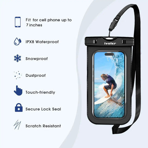 Two Pack Waterproof Fanny Pack And Phone Pouch Dry Bag Set with phone in waterproof case showing surfing image.