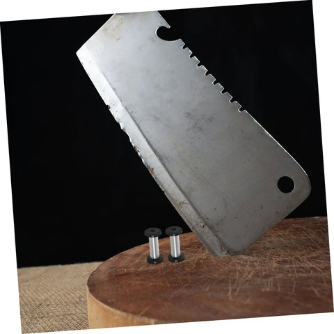 Heavy Duty Stainless Steel Bindery Rivets And Self Tapping Metal Handle Screws For Knockout DIY Crafts And Leather Work Built Like A Tank With Badass Grip Corrosion Resistant hardware next to a cleaver on a wooden surface.