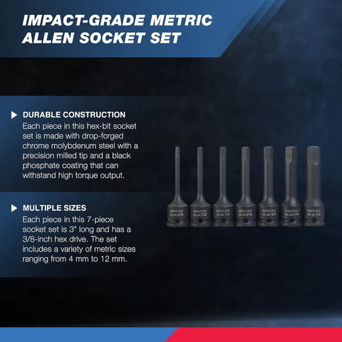 Three Eighths Inch Drive Allen Socket Set, 7 Piece, 3 Inch Length, Impact Hex Bit Sockets, Metric Hex Driver 4 Mm To 12 Mm set