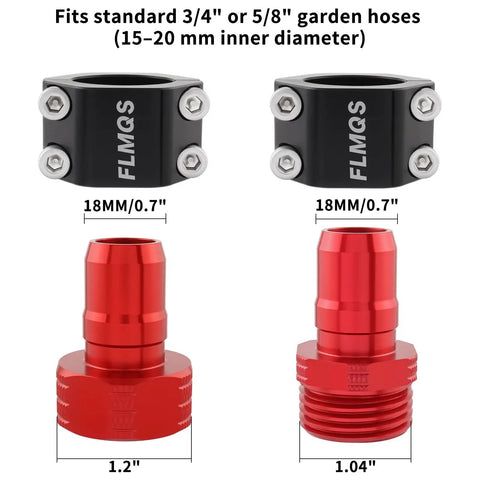 Garden Hose Repair Kit With Aluminum Connectors Fits Three Quarter Inch And Five Eighth Inch Hoses Includes Male And Female Adapters Clamps Washers And Screws Great DIY Yard Hack For Leaky Hoses, showing aluminum connectors and clamps.