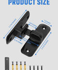 Black 90/180 Degree Flip Barn Door Lock Set for Privacy, with dimensions and included screws, ideal for barn and garden doors.
