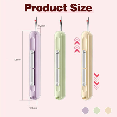 3 Pack 2 In 1 Needle Threader And Seam Ripper Tool Set Upgraded 2025 showing dimensions in three colors purple, green, yellow