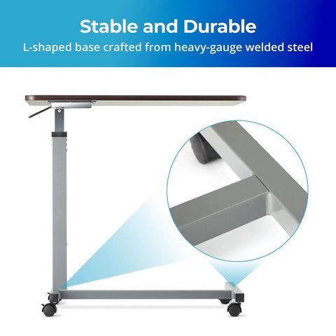 Height Adjustable Overbed Table With Straight Up Sturdy L Shaped Welded Steel Base and smooth rolling precision lock casters close-up of base.