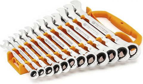 12-Piece 12-Point Ratcheting Metric Wrench Set With Off-Corner Loading, 5-Degree Quick Turn, Thin Head, metal build displayed in case