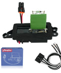Blower Motor Resistor 89019088 For Chevy Silverado Suburban Tahoe Avalanche And GMC Sierra Yukon With Manual AC Control 2003 2004 2005 2006 1581086 Replacement Part shown with wiring harness and box packaging