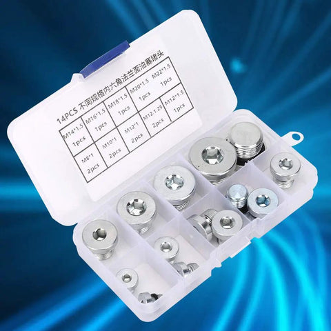 Ultimate 14 Pcs Oil Pan Drain Plug Set With Hex Socket Flange Nuts And M8 To M22 Bolts For Cars, Trucks And Machinery That Fit Like A Charm And Save Your Gears. 14-piece steel drain plugs in storage case, M8 to M22