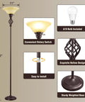 Diagram of Torchiere Floor Lamp With Glass Bowl Shade and Swirl Vane Details, LED Standing Reading Light, 72-inch tall, red brown finish.