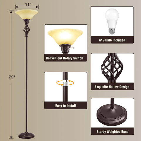 Diagram of Torchiere Floor Lamp With Glass Bowl Shade and Swirl Vane Details, LED Standing Reading Light, 72-inch tall, red brown finish.