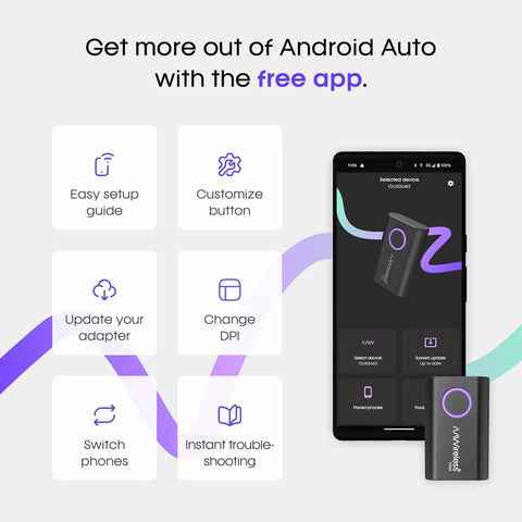 Wireless Android Auto Adapter That Converts Factory Wired To Wireless, Bluetooth And WiFi Auto Connect app features screen.