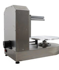 Fully Automatic Cake Decorating Machine Stainless Steel Cream Spreader For 4 To 12 Inch Cakes With Quiet Turntable 110V 300W Easy Operation Pro Grade Tool For Home Bakers And Bakeries, side view showing stainless steel body and quiet turntable.