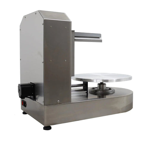 Fully Automatic Cake Decorating Machine Stainless Steel Cream Spreader For 4 To 12 Inch Cakes With Quiet Turntable 110V 300W Easy Operation Pro Grade Tool For Home Bakers And Bakeries, side view showing stainless steel body and quiet turntable.